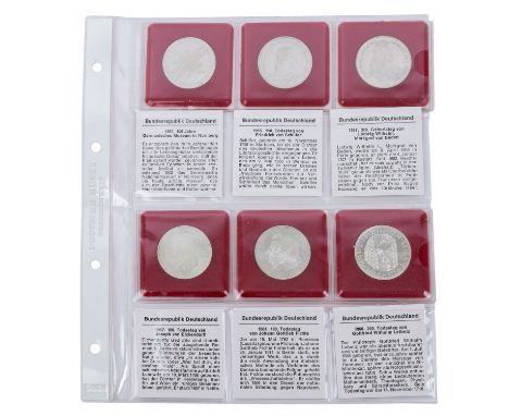 BRD - 6 x 5 DM ex 1952/66, Germanisches Museum, Schiller, Schiller, Markgraf von Baden, Eichendorff, Fichte, Leibnitz, vorzüg