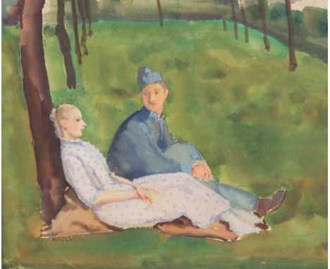  ALFRED HAGEL (Wien 1885 - 1945 Wien)   Paar im ParkMischtechnik/Papier, 19 x 23,6 cm signiert HagelUniformierter wahrscheinl