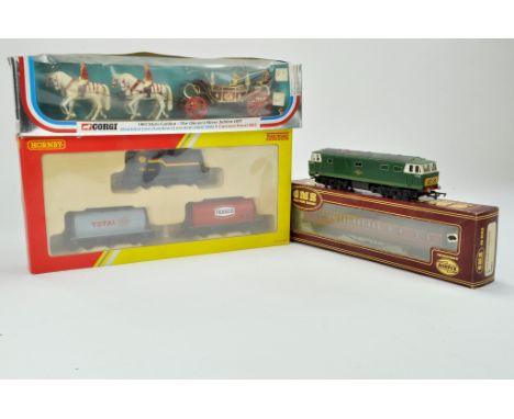 A group of Model Railway items including single locomotive, rolling stock from Hornby and Airfix plus Corgi State Coach. Appe