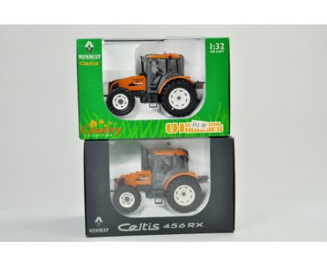 Universal Hobbies 1/32 Farm tractor duo comprising Renault Celtis, one in dealer box. Excellent in boxes.