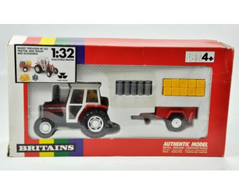 Britains 1/32 Farm issue comprising Massey Ferguson MF362 Tractor, Mini Trailer and Accessory Set. Excellent, box has minor s