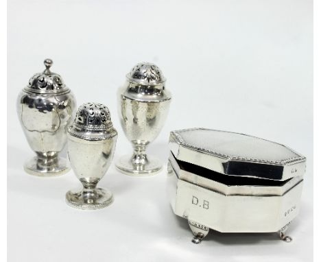 An octagonal silver trinket box, A & J Zimmerman, Birmingham 1914, with engine-turned cover, initialled, two Victorian silver