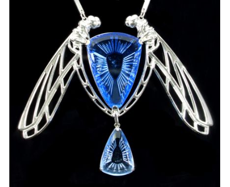 A modern Lalique 'Ice Light Libellule' necklace, the silver stylised pendant modelled as a pair of dragonflies centred by two