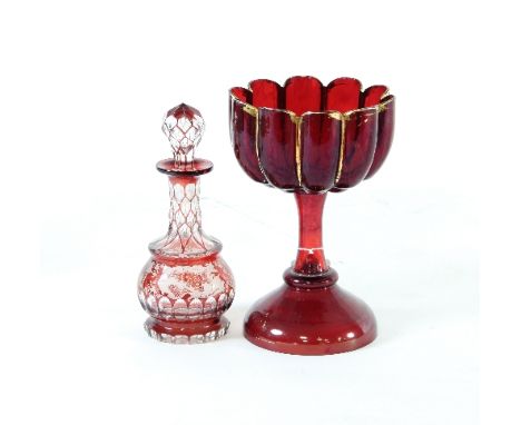 A Bohemian red glass goblet, the bowl of lobed form, 19.5cm high and a Bohemian glass scent bottle and stopper/see illustrati