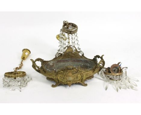 A gilt metal two-handled jardinière, 42.5cm wide and various pendant light shades hung glass drops