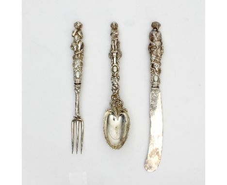 A Victorian silver christening set, FH, London 1856, comprising knife, fork and spoon each with figural handle and vine leave