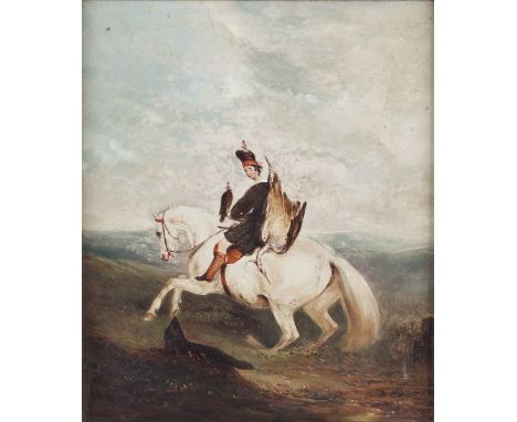 19th Century Scottish School/Portrait of a Gentleman/ seated on a grey horse, holding a hawk and carrying heron/oil on panel,