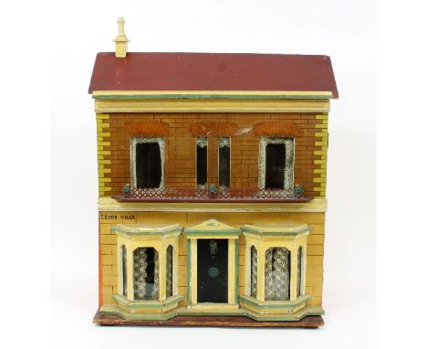 A 20th Century wooden doll's house, 'Leeds Villa' painted to front, with double-fronted sash windows, hinged door to reveal f