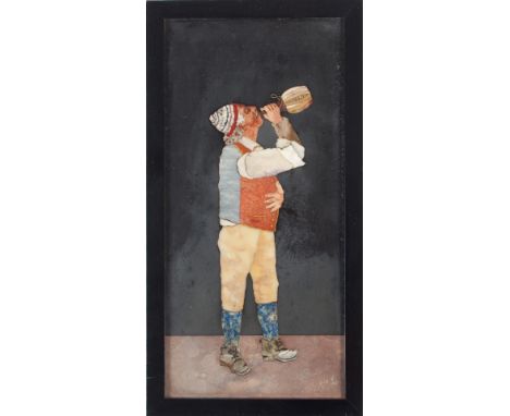 A Pietra Dura hardstone plaque depicting a gentleman in a waistcoat and hat drinking wine from a bottle, 25cm x 11.5cm/see il