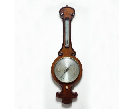 A Victorian walnut cased wheel barometer with thermometer and silvered dial, 100cm high