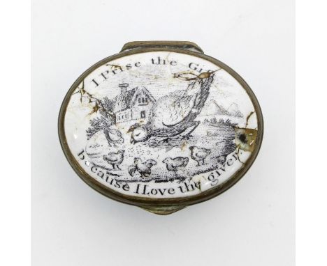 A Bilston enamel patch box, the oval cover depicting hen and chicks with motto 'I Prise the Gift because I Love the Giver' wi