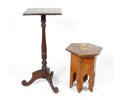 A 19th Century mahogany square table with inlaid top on a turned column and tripod support, 33cm wide and a Moorish burr yew 