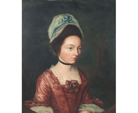 Early 19th Century English School/Portrait of a Lady/wearing a red dress and a white bonnet tied with a blue ribbon/oil on ca