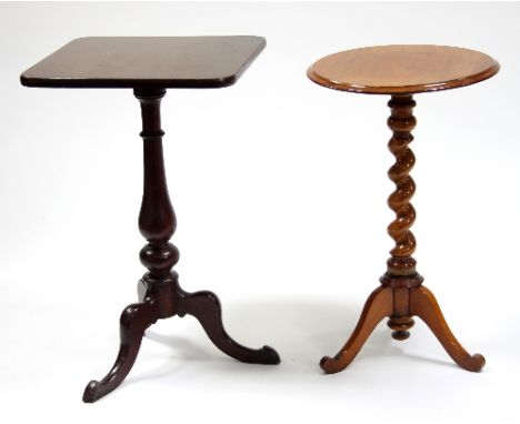 A circular walnut occasional table with twisted column on tripod support, 43cm diameter and a mahogany occasional table, 47cm