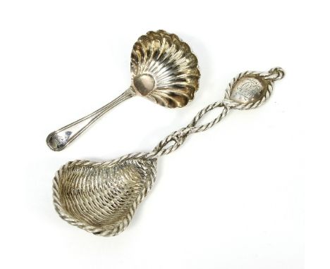 A Victorian silver basket weave or fishing net sifter spoon, George Fox, London 1869, with rope twist handle and another shel