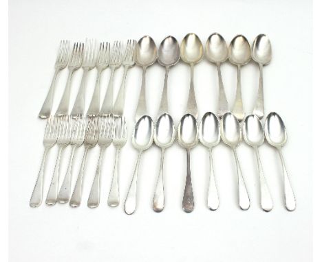 A matched set of old English pattern silver flatware, Georgian and later, comprising six table spoons, six table forks, six d