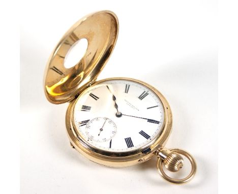 An 18ct gold cased half-hunter pocket watch, the dial cover with Roman numerals in blue enamel, the white enamelled dial with