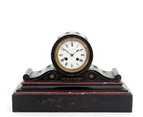 A late 19th Century black slate eight-day drumhead mantel clock by John Bennett, 65 Cheapside, in an engraved and fluted case