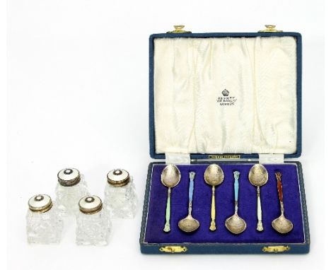 A set of six silver and enamel coffee spoons, BES Co., Birmingham 1966, retailed by Asprey and four Norwegian silver and whit
