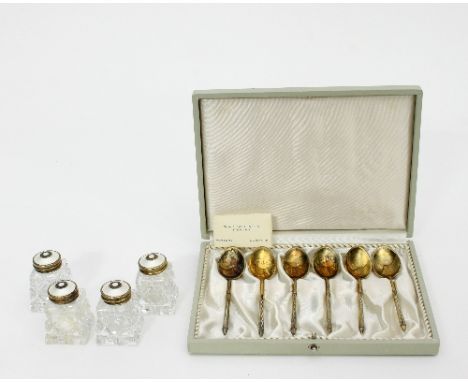 A set of six Danish silver gilt coffee spoons, W & S Sorensen, in a fitted case and a set of four Norwegian silver and white 