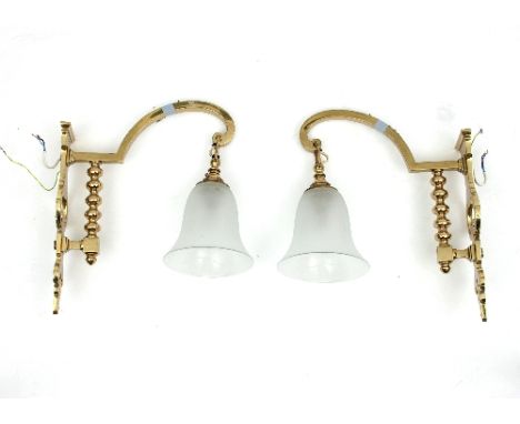 A pair of brass single-light wall lights with glass shades, 45cm high