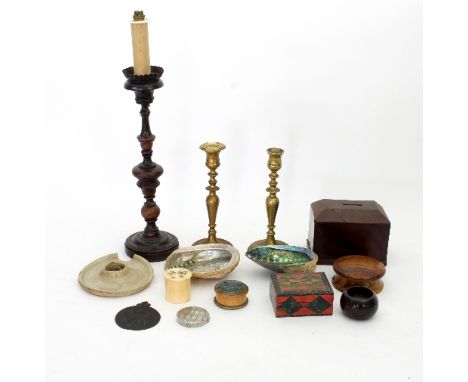 A quantity of sundry items to include a pair of brass candlesticks, a Shibayama ivory box and cover, a carved wooden box and 