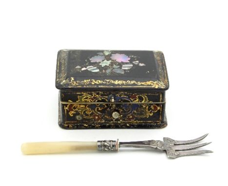 A Victorian papier mâché and shell inlaid ring box, 7cm wide and a pickle fork with mother-of-pearl handle