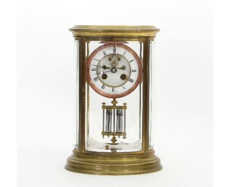 A French oval four-glass eight-day regulator with brass and bevelled glass case, fitted a white enamel chapter ring signed 'M