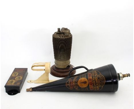 A Minimax type A fire extinguisher with wall mount and refill box and an engine mounted on a wooden base, 73cm high/Note: Fro