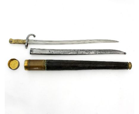 A French model chassepot bayonet with steel blade and scabbard and brass handle, numbered P26297 and a brass extending telesc