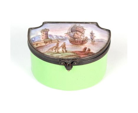 A French enamel box of shield shape, the cover decorated ships coming in to harbour, the sides in green, 5.5cm wide/see illus