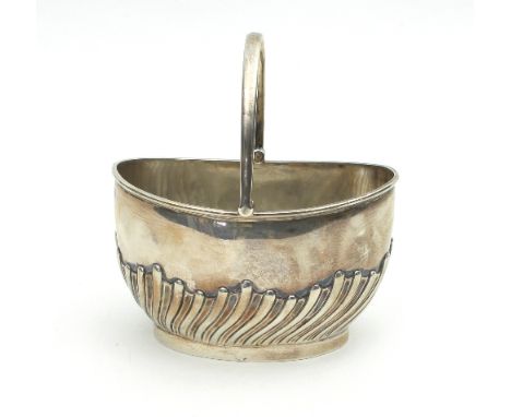 A Victorian swing handled silver sugar basin, EH, London 1884, of half-ribbed oval form, approximately 140gm