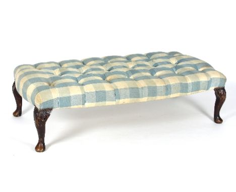A button upholstered stool on carved cabriole legs, 122cm wide