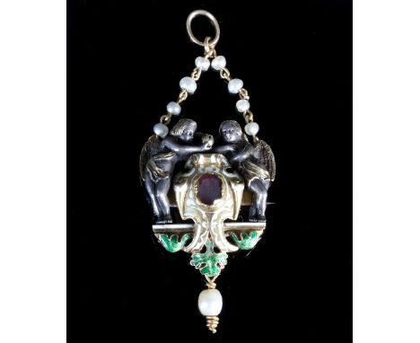 A Renaissance revival enamel and gem set brooch, the cartouche surmounted by two cherubs with chain suspension/see illustrati