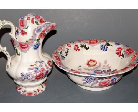 A Victorian Copeland and Garrett late Spode new faience wash jug and bowl having typical floral decoration, printed and impre