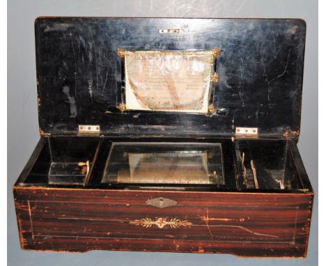 A late 19th century Swiss rosewood cased and box wood strung music box, playing eight airs (all teeth to comb present but doe