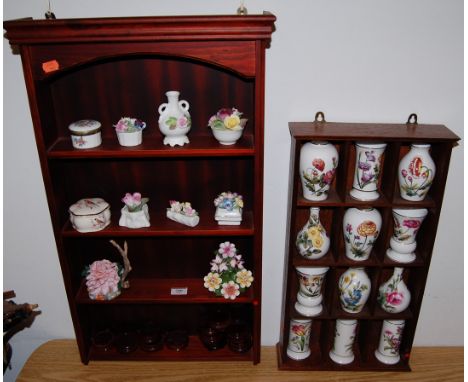 A set of twelve Spode fine bone china miniature vases, with various botanical patterns, on wooden display shelf; together wit