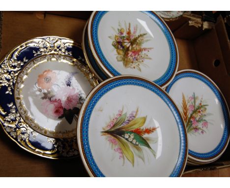 A Victorian Royal Worcester part dessert service, hand-painted with flowers within turquoise border and further gilt border; 