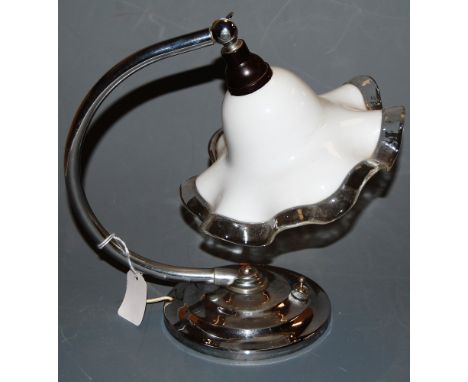 A 1960s chrome adjustable desk lamp, having opalescent frilled glass shade to circular stepped base 