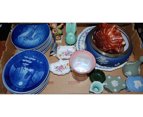 A box of mixed china wares, to include; a collection of Royal Copenhagen blue and white plates, Hummel figure, carnival glass