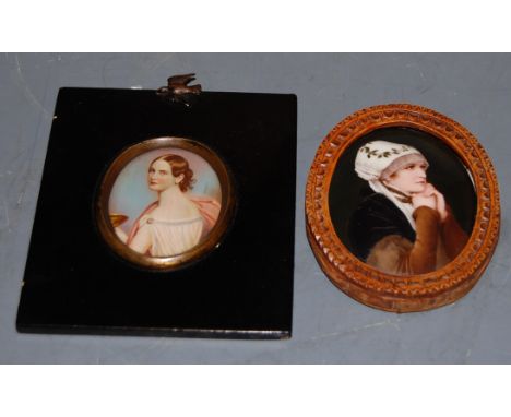 Early 20th century, Continental school, Head and shoulders portrait of a lady in a bonnet, overpainted print on porcelain, fr