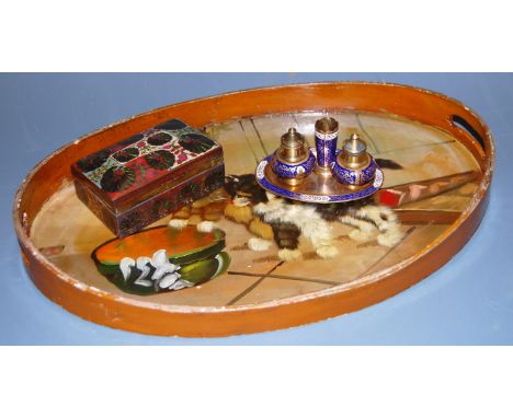 A miniature cloisonne enamel decorated three piece cruet on tray, together with an engraved brass table cigarette box and pai