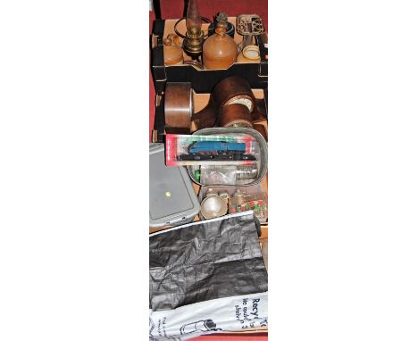 Four boxes of sundries to include stoneware storage jars, oak mantel clocks, dynamos, hand tools etc