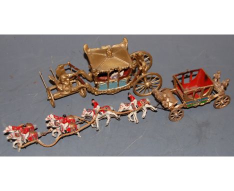 A Johillco painted lead royal coach and horses, together with one other larger royal coach