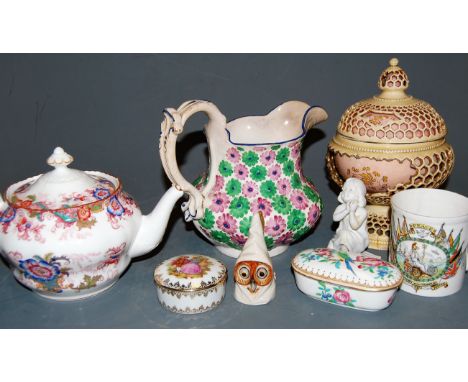 Mixed chinaware, to include; Coalport teapot, Continental trinket boxes, bisque figure etc 