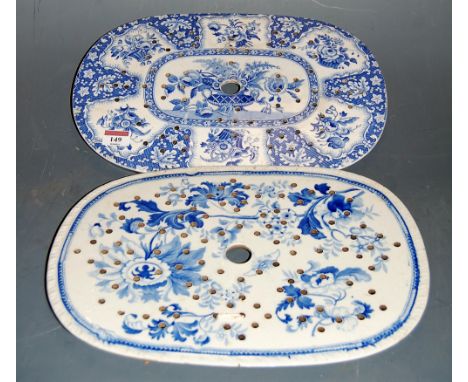 An early 19th century Spode blue and white transfer decorated drainer, w.38cm; together with one other similar example (2) 