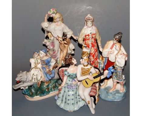 A Kiev porcelain figure of a lady in white dress in standing pose with deer at her feet, on naturalistic base, having blue pr