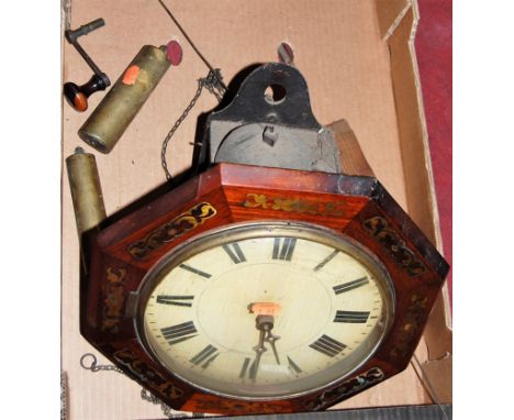 An early Victorian rosewood and cut brass inlaid postmans alarm clock, having a painted dial with Arabic numerals