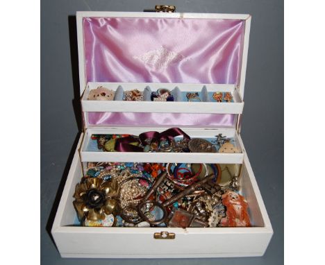 A jewellery box and contents, to include; two large 19th century steel keys, clip-on earrings, trinket jar and cover, faux pe