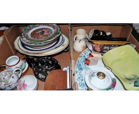 Two boxes of miscellaneous china to include; Carlton ware Australian design dish, Victorian transfer decorated meat plates, R